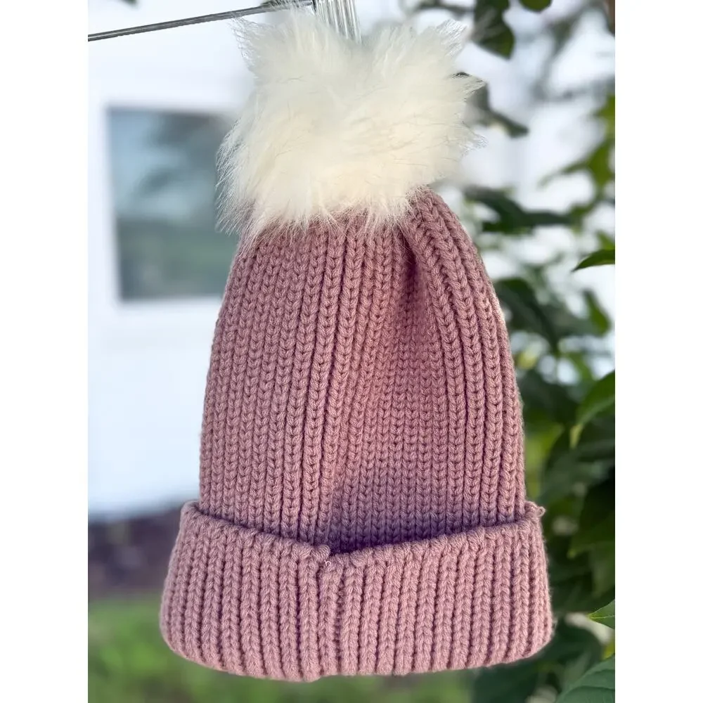 Steve Madden Women’s Knit Beanie Dusty Rose Pink Faux Fur Pom Pom Hat